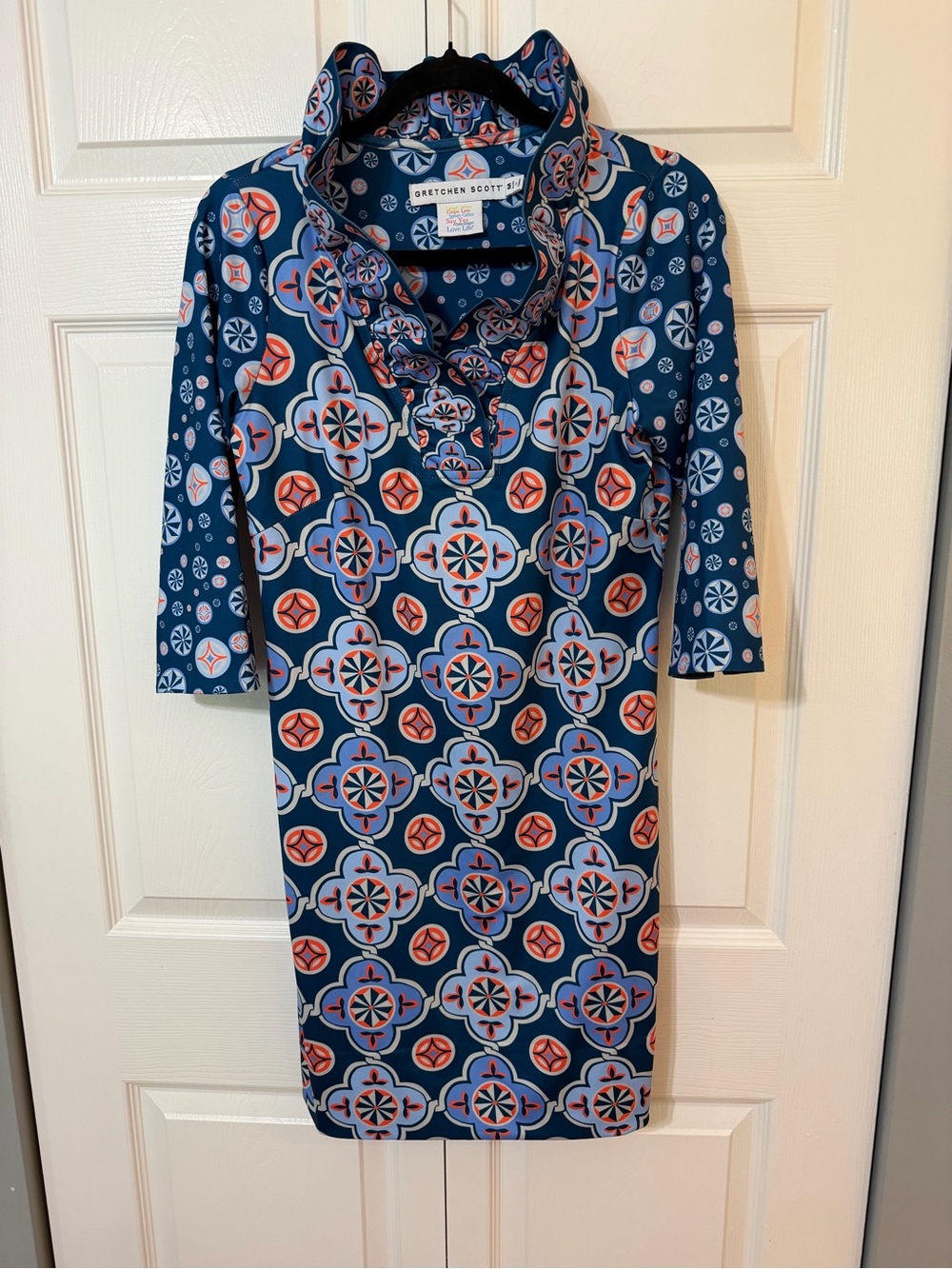 Gretchen Scott Designs Blue & Coral Geometric Midi Dress